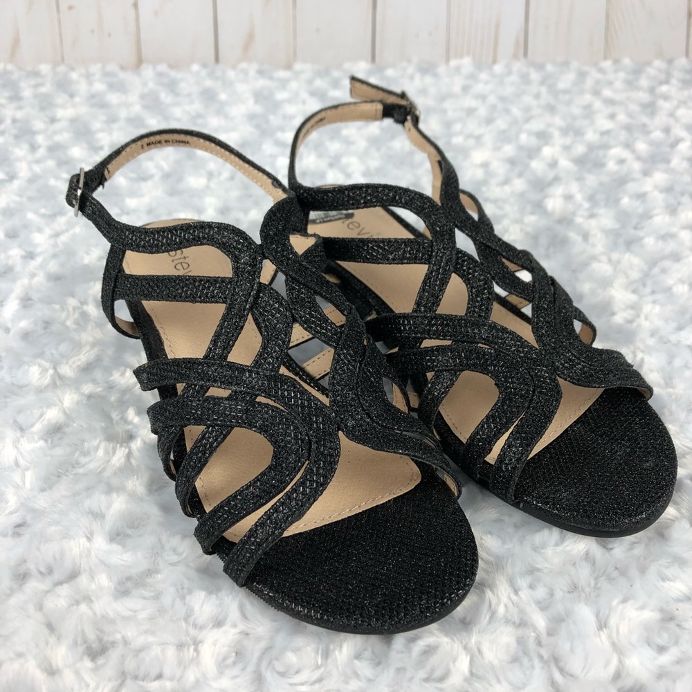 Stevies Girls Strappy Wedge Sandals Black Glitter